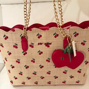 NWT Betsey Johnson Raffia Cherries XOTOTE TOTE SHOULDER BAG W CHERRY CHARM
